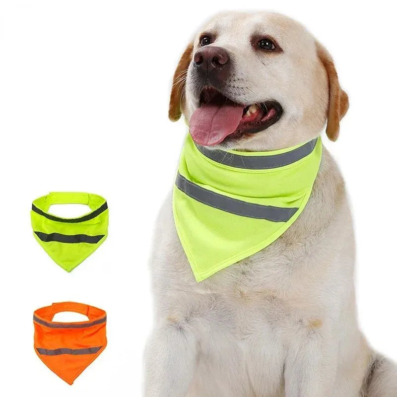 Yellow and orange reflective striped dog bandana scarf with adhesive strap closure on a dog's neck.