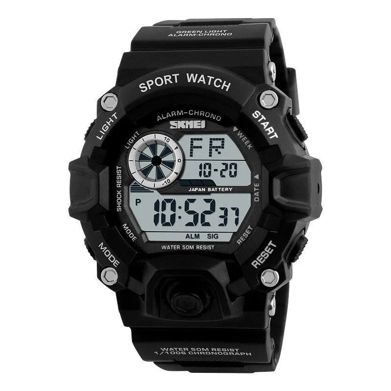 Digital sport watch with round dial, plastic strap, showing GMT display, in army green colour option.