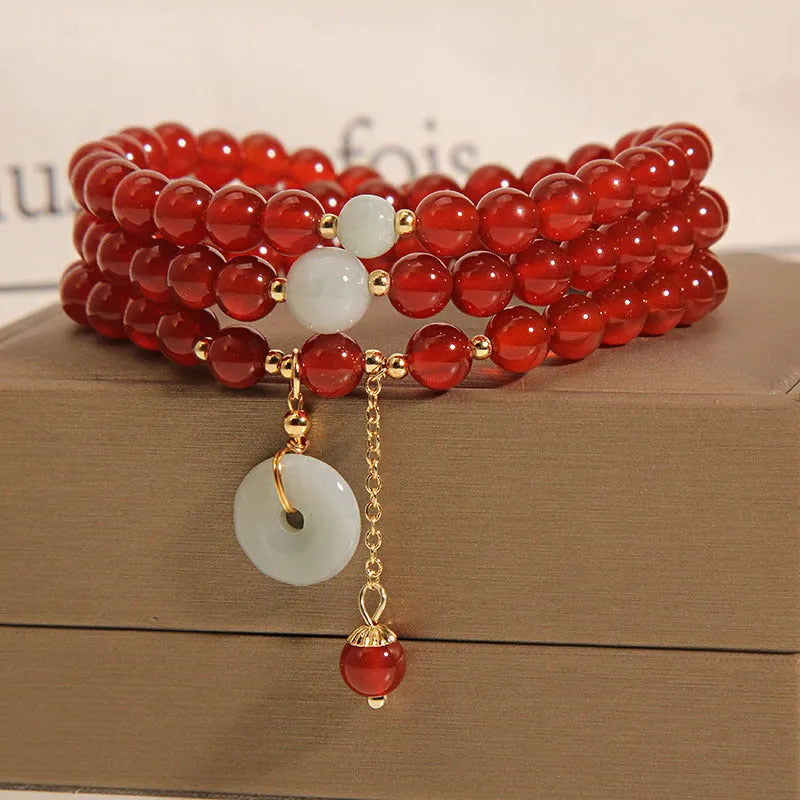 Women's red agate multi-layer bracelet with crystal accents and elastic band