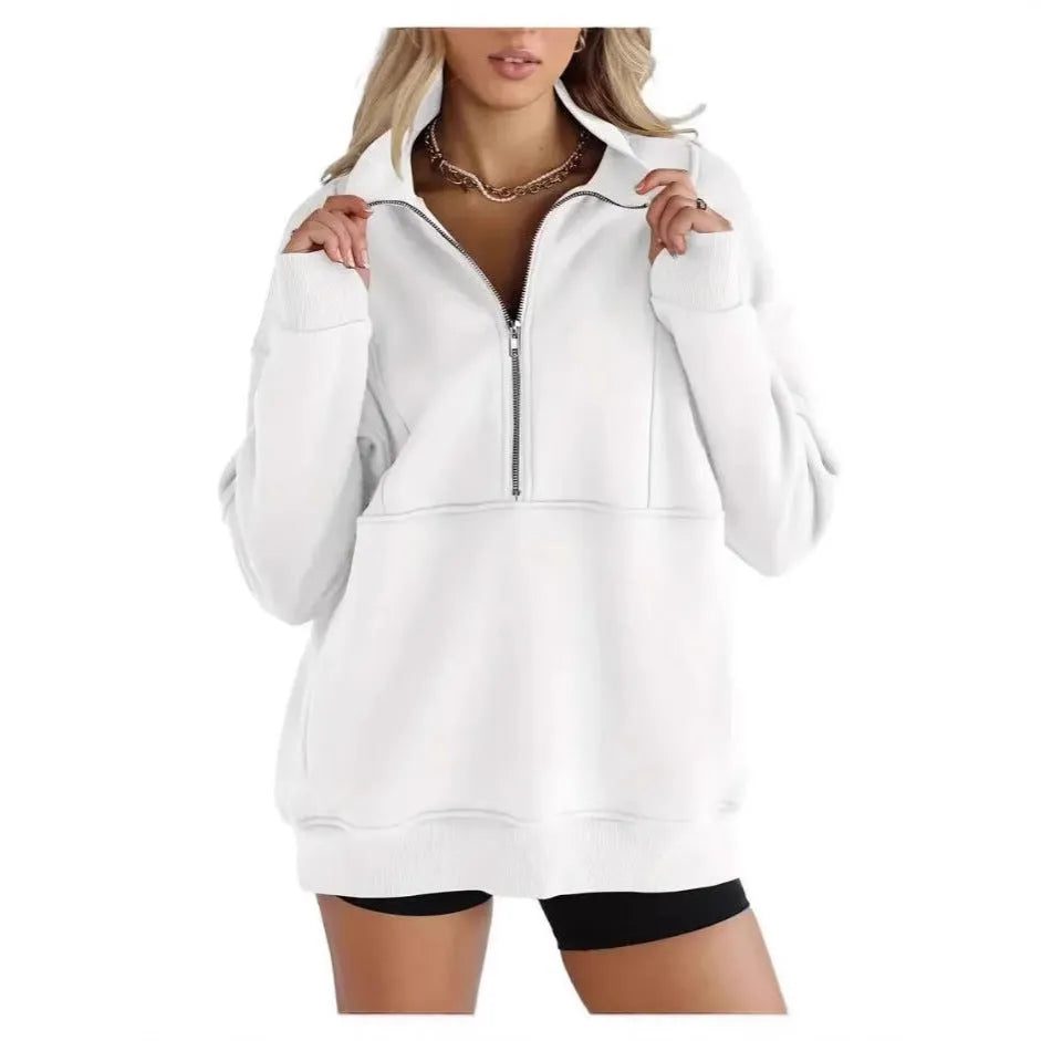 Women's loose fit hoody with zip patchwork pockets, thick brushed polyester pullover in multiple colours