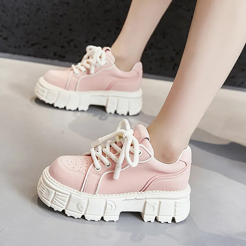 Beige or pink leather casual platform shoes with a muffin bottom rubber foam sole.