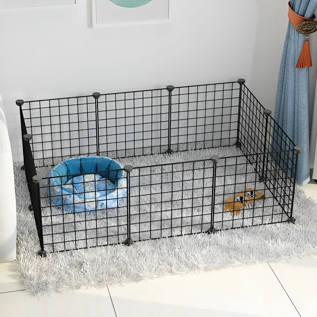 Small dog indoor isolation fence cage with modular panels, clips, and optional door in black, white, or white checkered