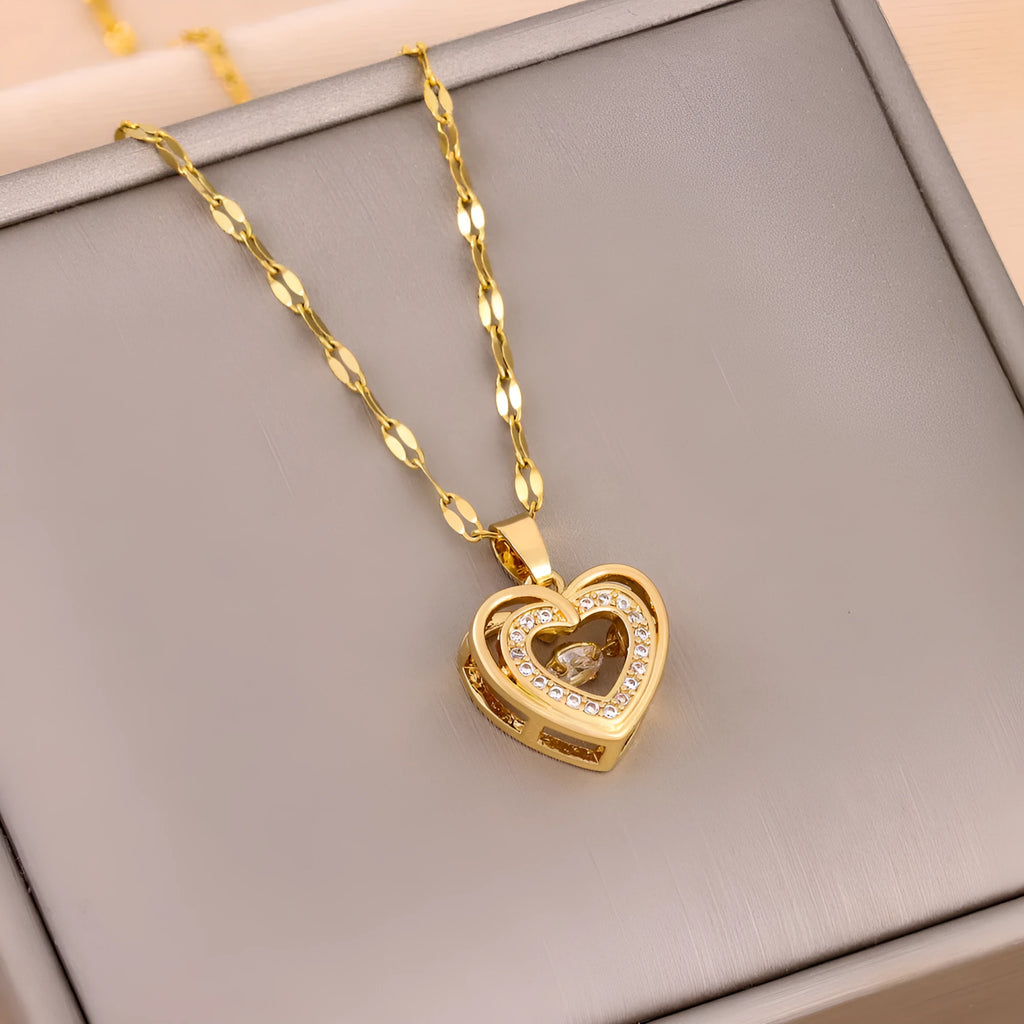 Double-layer love necklace with heart-shaped rhinestone pendant, titanium steel chain, electroplated 8018 Smart Love colour, adjustable 40+5cm length
