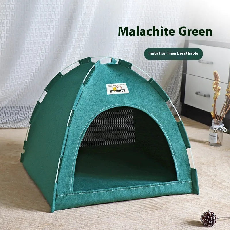 Grey linen-like fabric dog bed tent with removable cover for small medium dogs