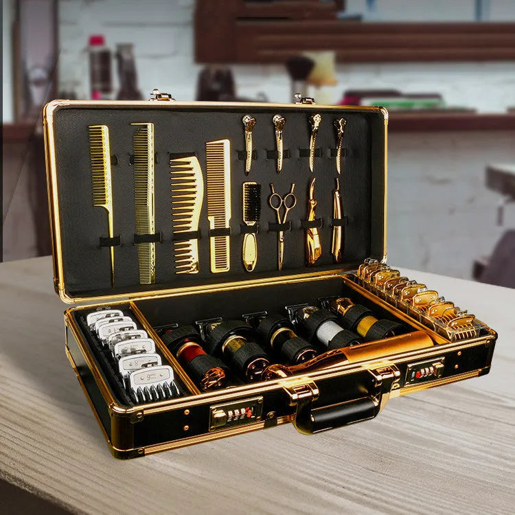 PVC hair tools storage suitcase organiser box in black, white, or gold colour, showing 55cm length.