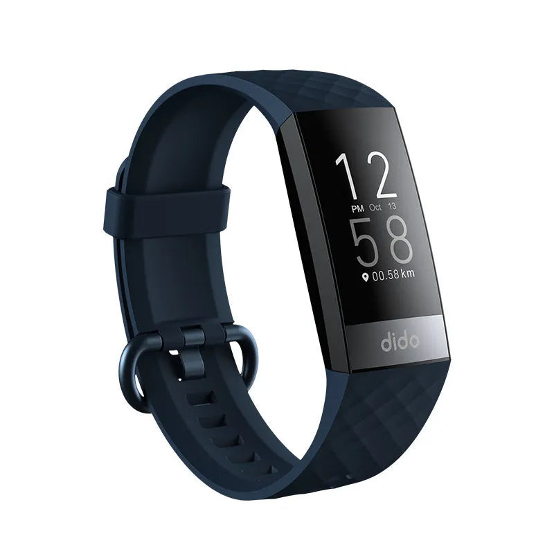 Black smart health bracelet with 1.1-inch screen displaying ECG graph, blood pressure, and heart rate readings on wrist.