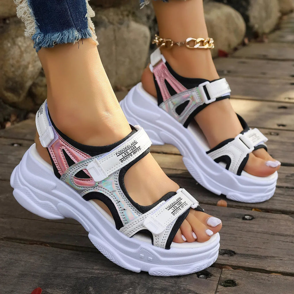 Women's Roman platform sandals in black with adjustable straps and rubber sole