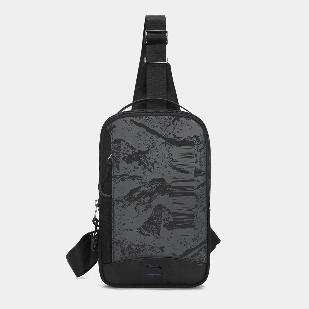 Casual black camouflage chest bag with adjustable strap, shown open to reveal internal phone pocket.
