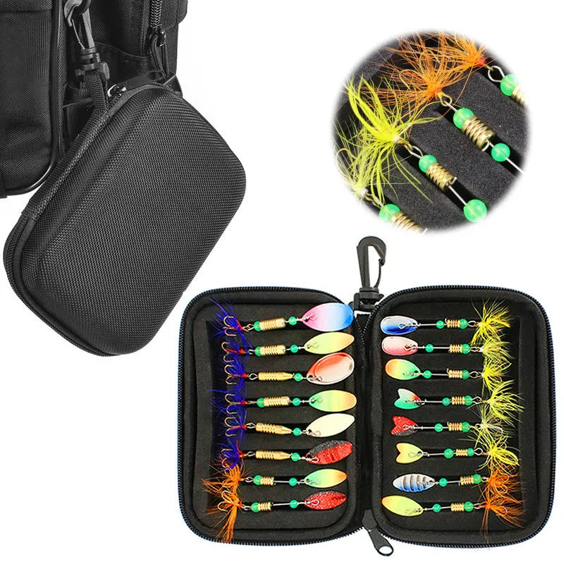 Sixteen composite fishing lures in various colours stored in a 1680D Oxford cloth case