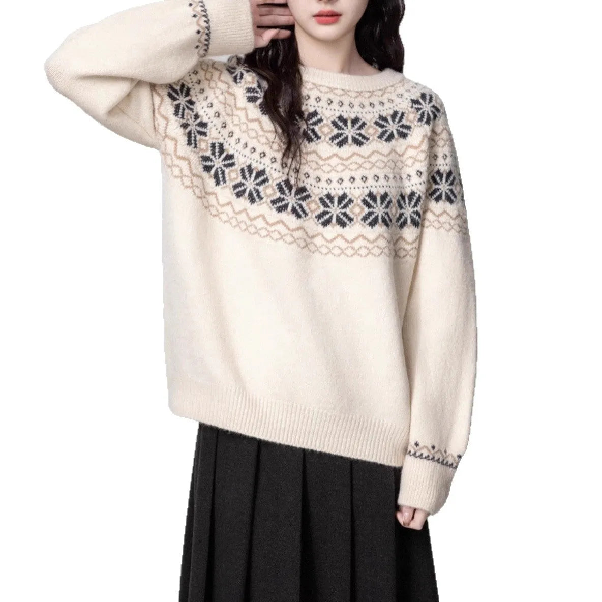 Women's milky white fair isle geometric pattern knit pullover sweater on a hanger.