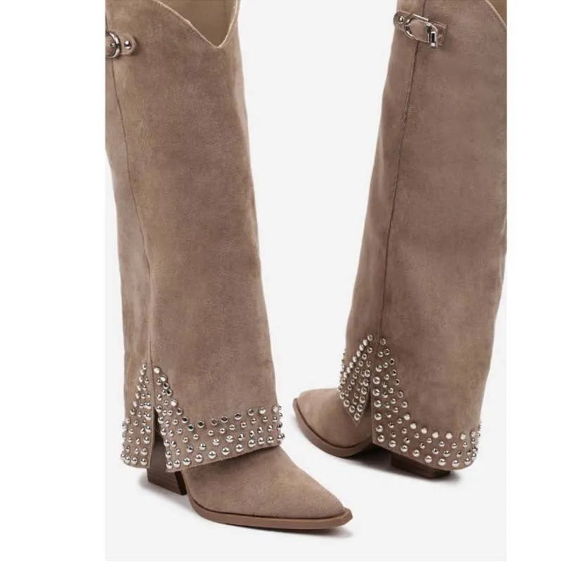 Women's black frosted rivet pantyhose boots with a suede leather upper and rubber sole.