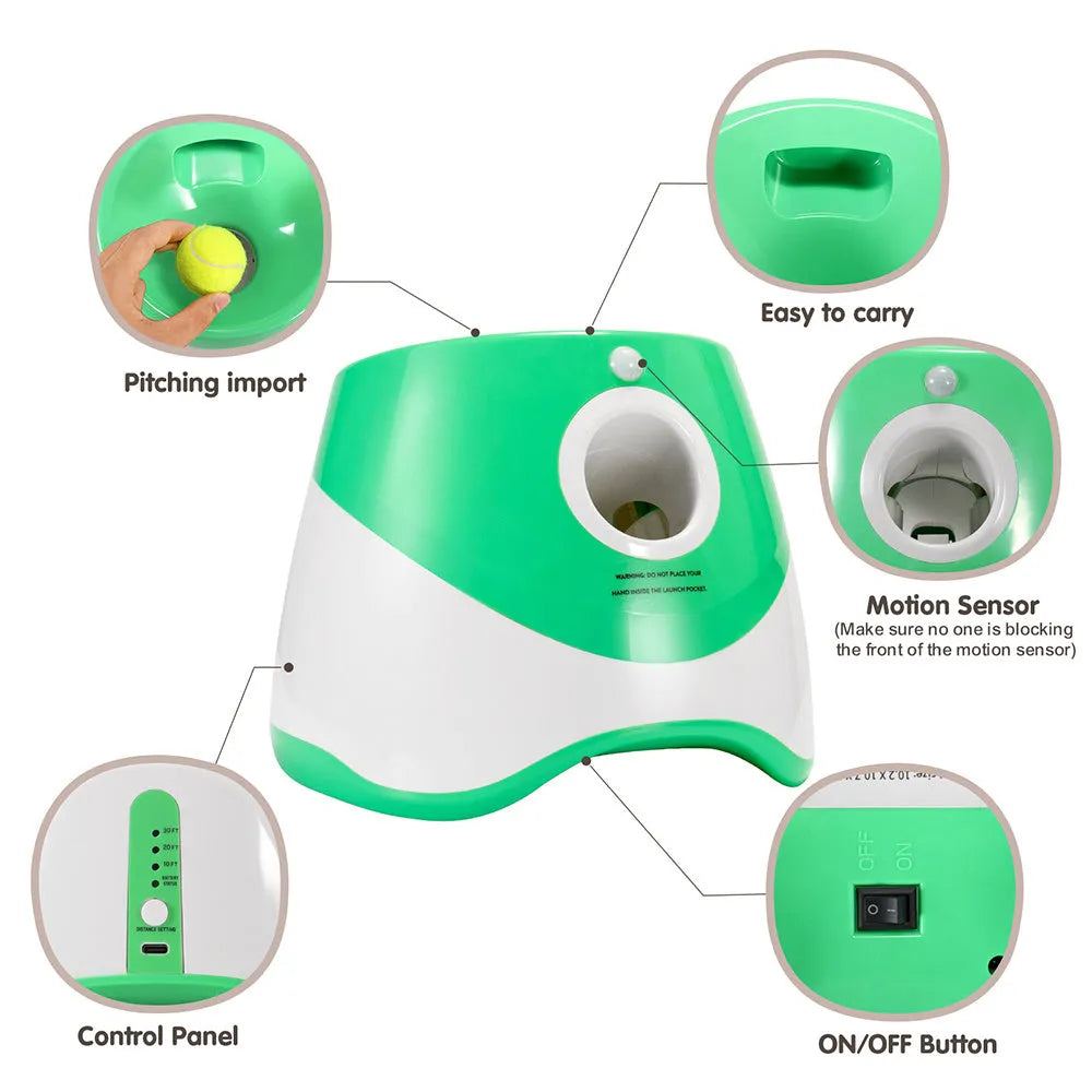 Automatic dog ball launcher in green and yellow for outdoor fetch play