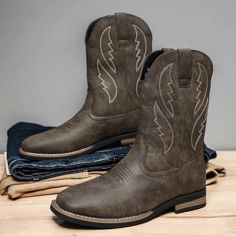 Men's retro cowboy worker boots in brown PU leather with round toe and flat rubber sole