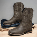 Men's retro cowboy worker boots in brown PU leather with round toe and flat rubber sole