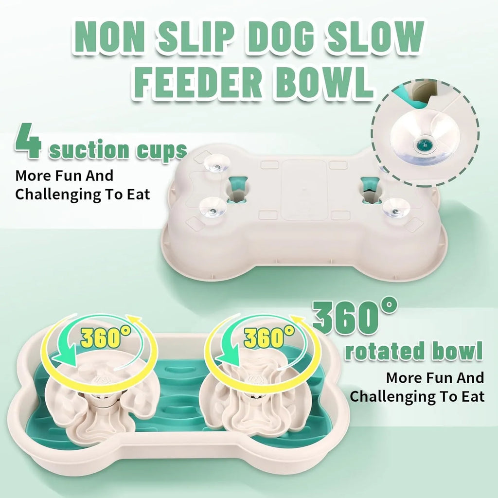 Large green three-tier slow feeder dog bowl with rotating puzzle trays and anti-slip suction cups.
