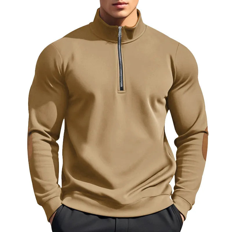 Men's black thick turtleneck half placket zipper pullover sweater on white background
