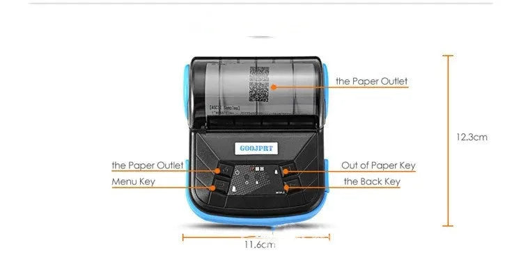 Thermal Bluetooth handheld bill printer with 80mm paper roll and blue light on top