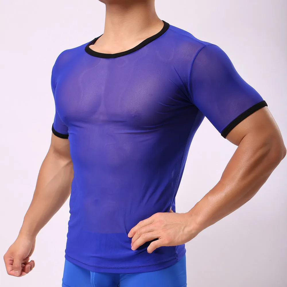 Men's transparent mesh t-shirt in slim fit with short sleeves, shown in solid colour options