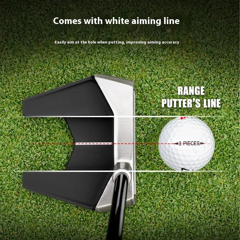 PGM left-hand standing putter in silver and black with stainless steel head, carbon shaft, aiming line, and head cover.