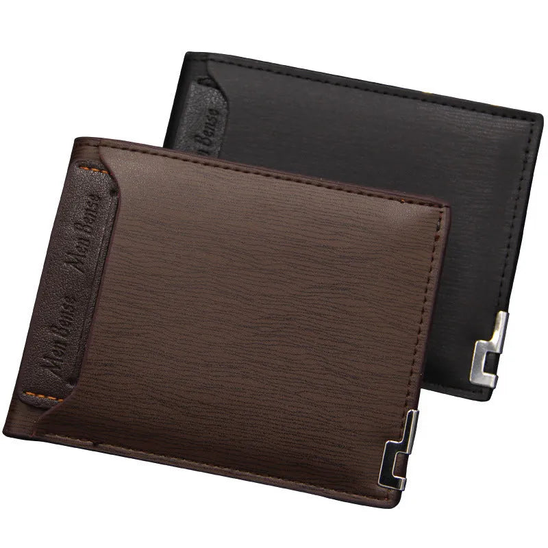 Men's iron-edge card-picking wallet in PU leather showing compact 12cm design with card organisation features