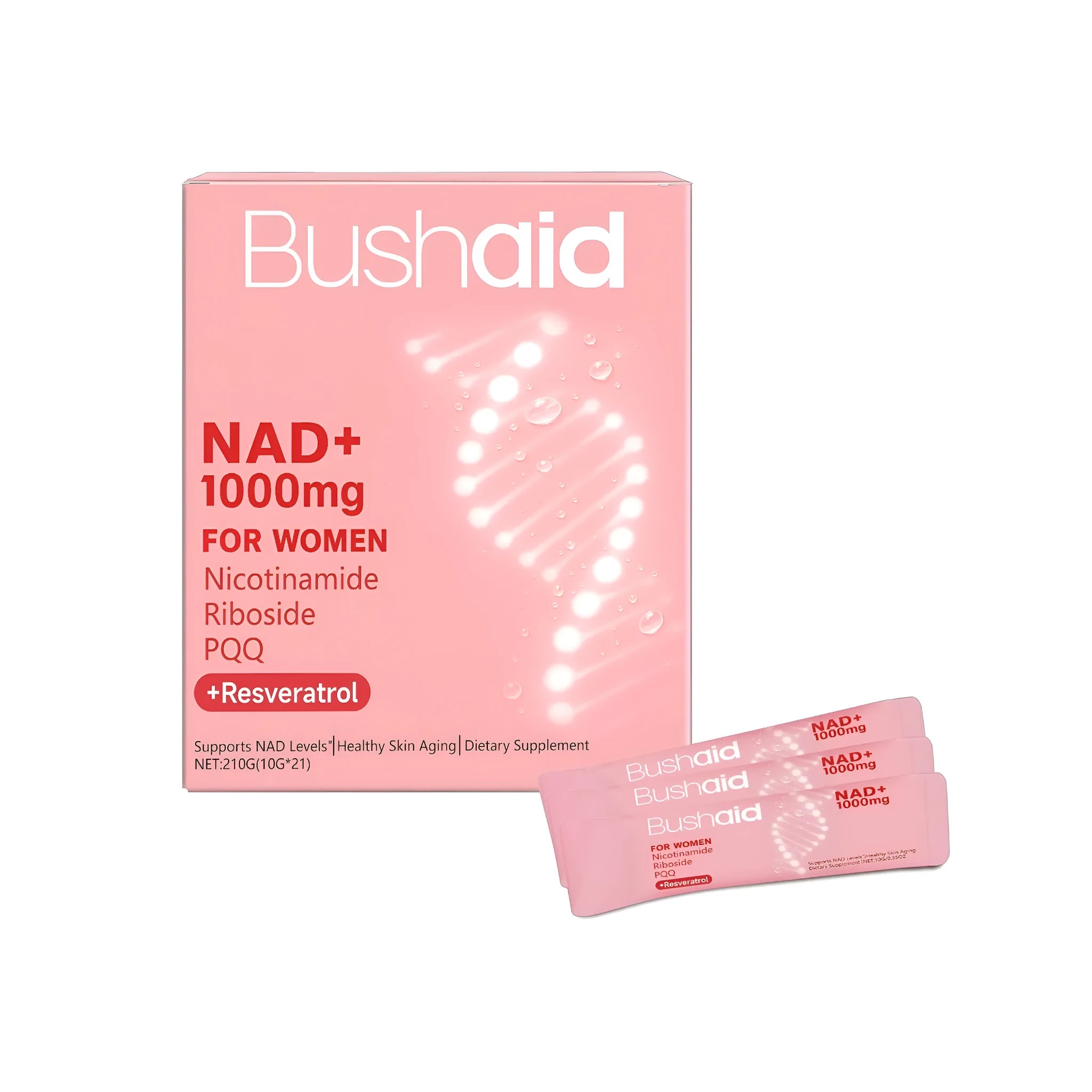 Antioxidant liquid drink supplement in individual 10G sachets showing four-ingredient formula