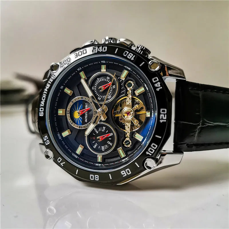 Men's automatic mechanical watch with a 12mm case in silver, black, and gold colour options on a wrist.