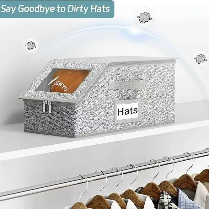 Grey foldable woven fabric storage box with lid, shown next to baseball caps.