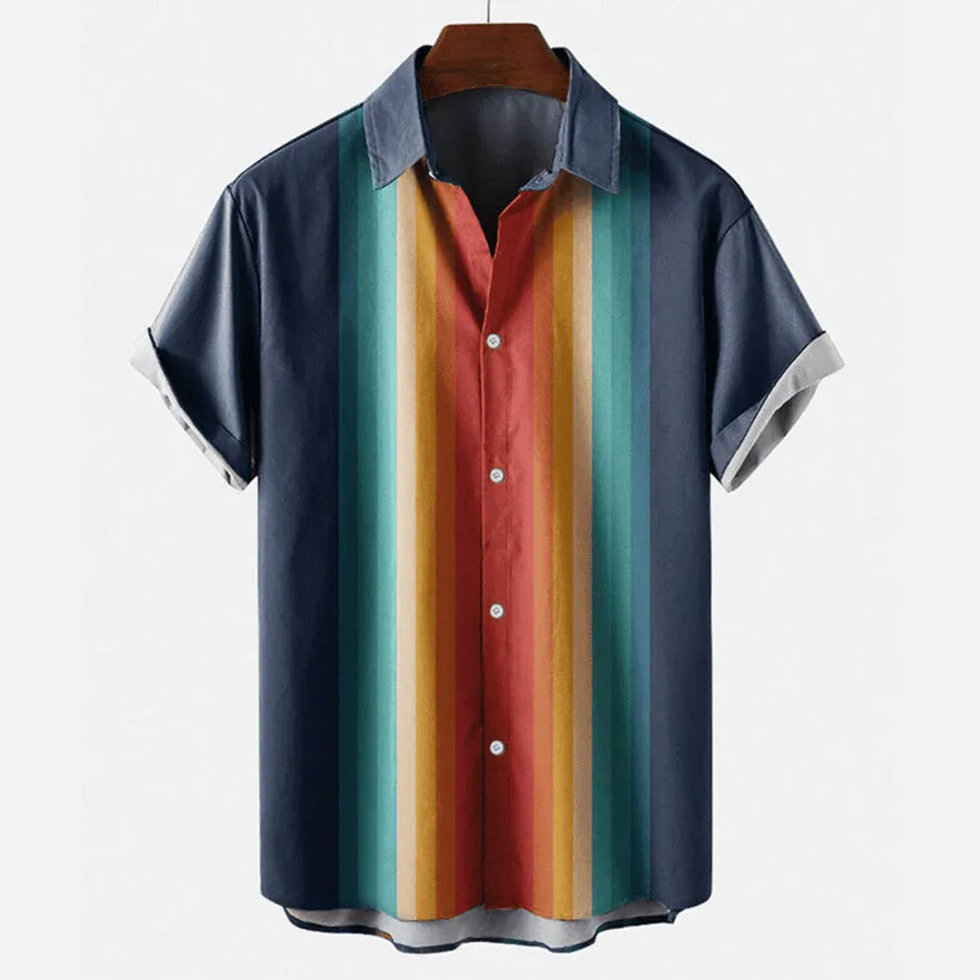 Man modelling a loose-fit plus size casual shirt with a 3D digital print design.