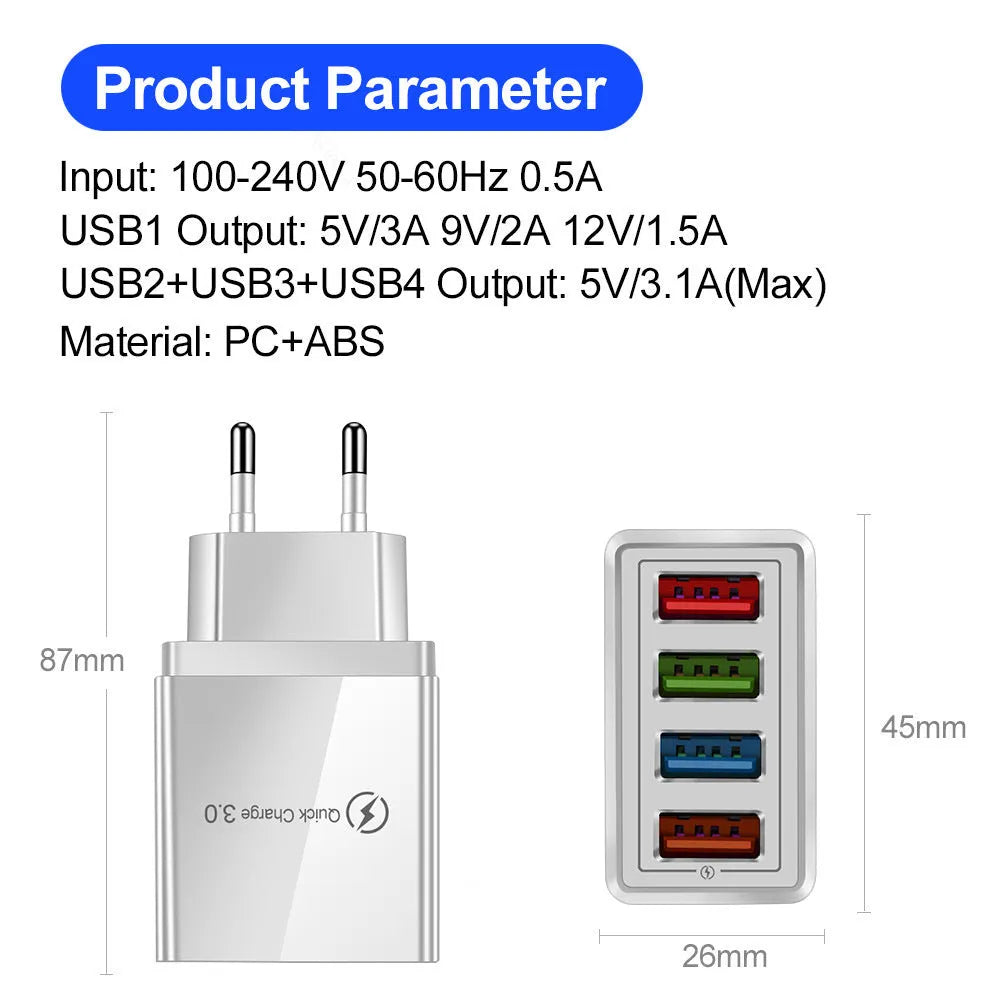 Four-port USB charging head with luminous indicator in black and white colour