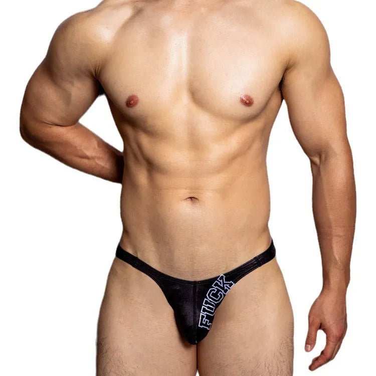Low waist black triangle shorts with white letters print, shown flat.