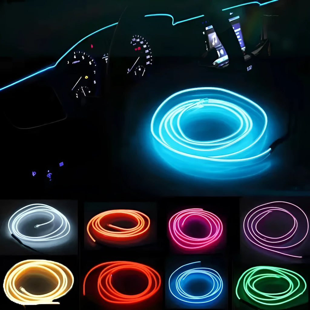 6 metre car ambient light USB LED cable showing colour options for vehicle interior installation
