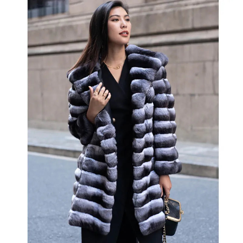 Women's zebra stripe pattern faux mink overcoat mid-length winter coat