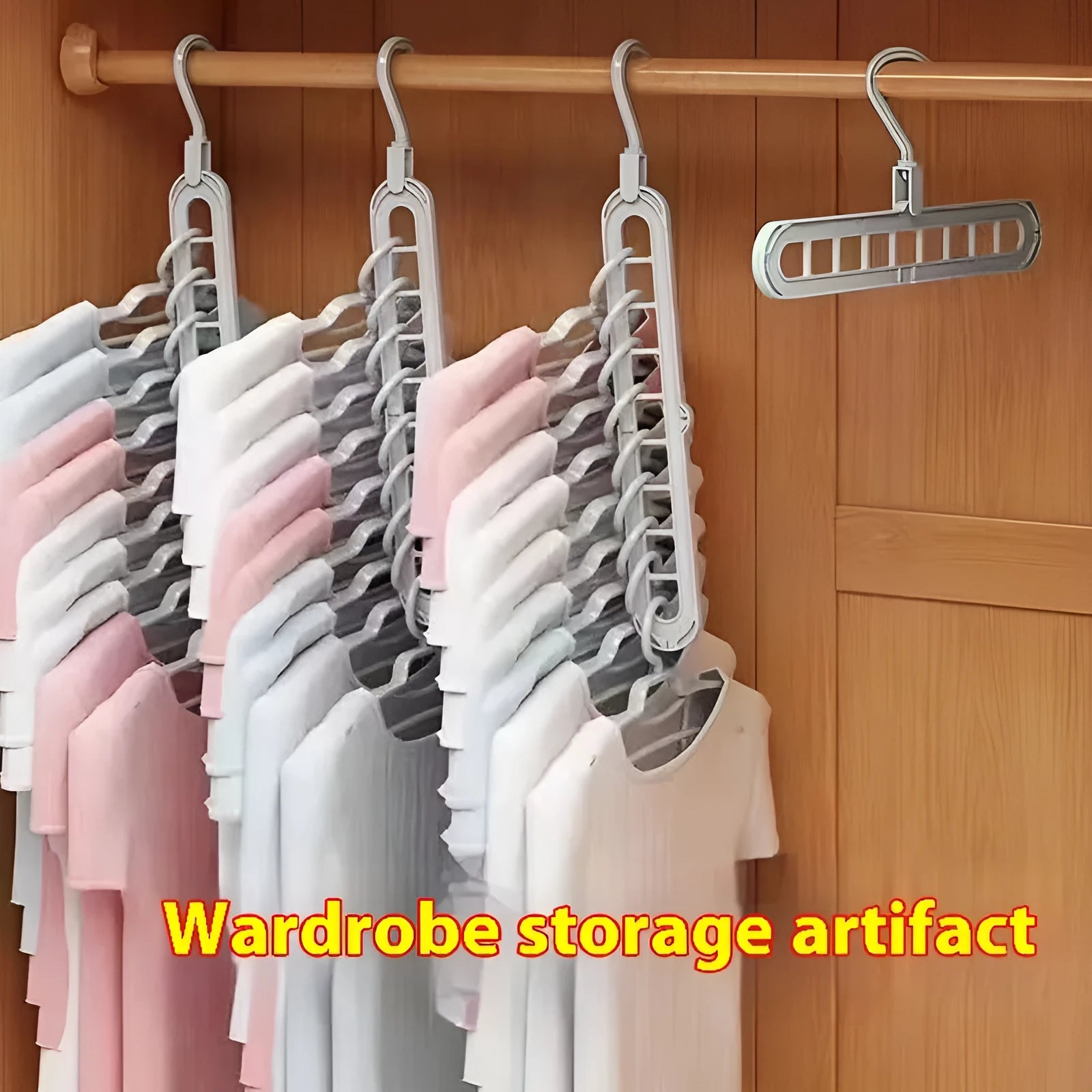 Green nine-hole plastic folding hanger with trousers organised vertically