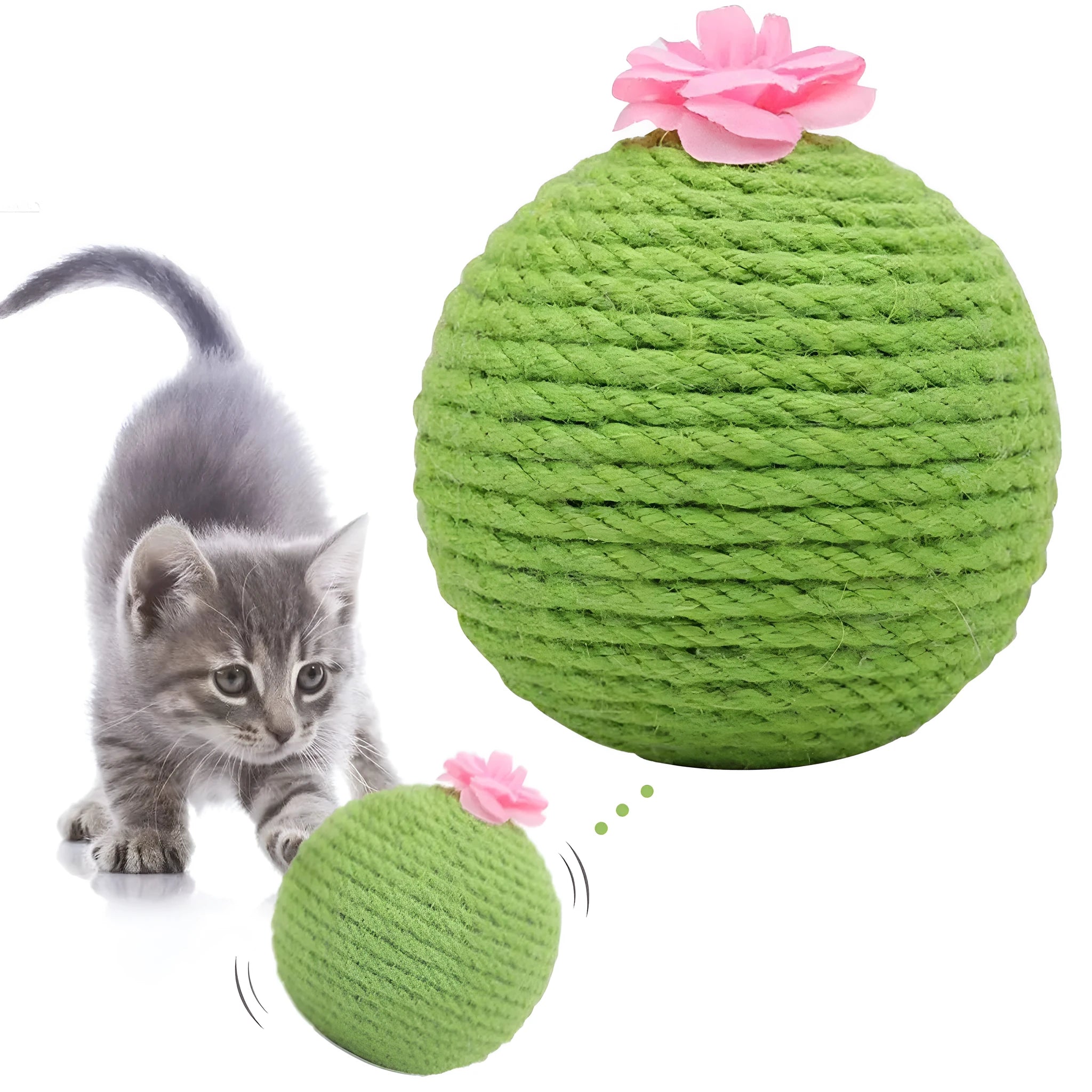 Green cactus-shaped cat scratcher tower with integrated tumbler ball and natural sisal scratching surfaces