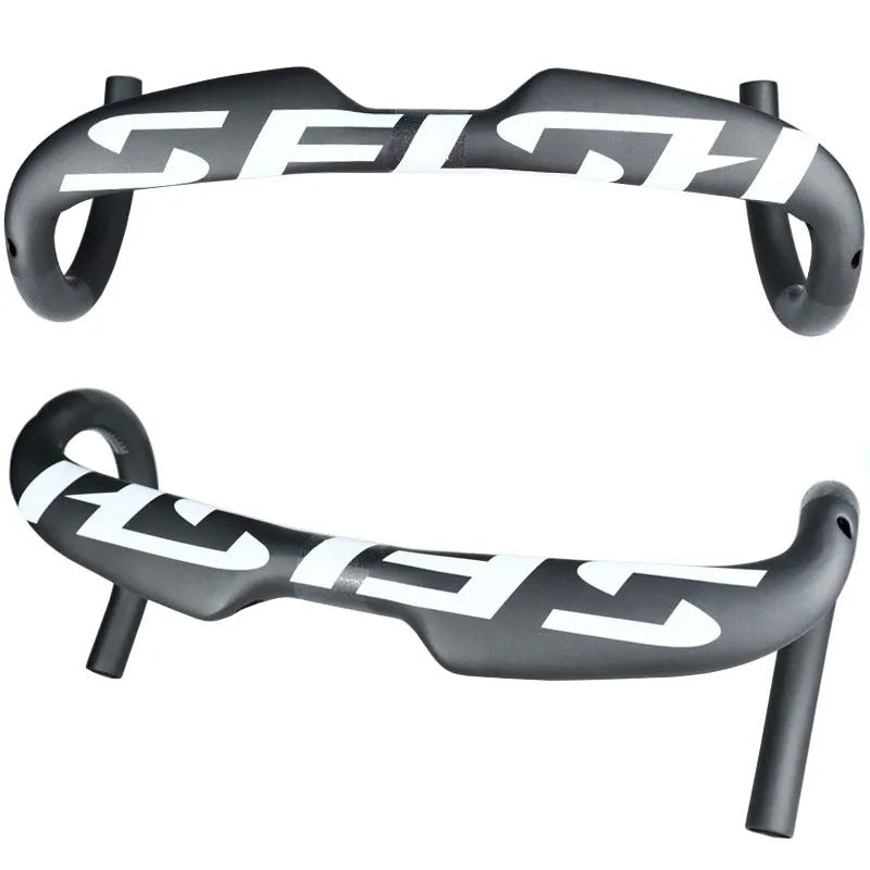 Carbon fibre road bicycle drop handlebar shown in black, highlighting its bend and clamp area.