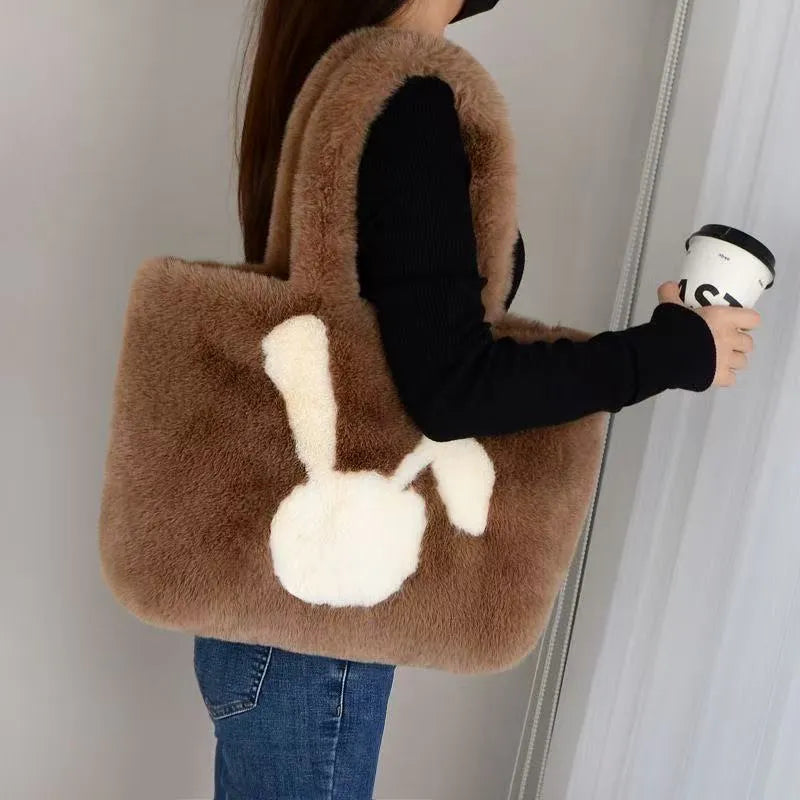 New Cute Rabbit Head One-shoulder Portable Plush Bag in white with contrast stitching and double shoulder straps