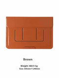Brown 13.3 inch laptop bracket bag shown open with integrated stand deployed.