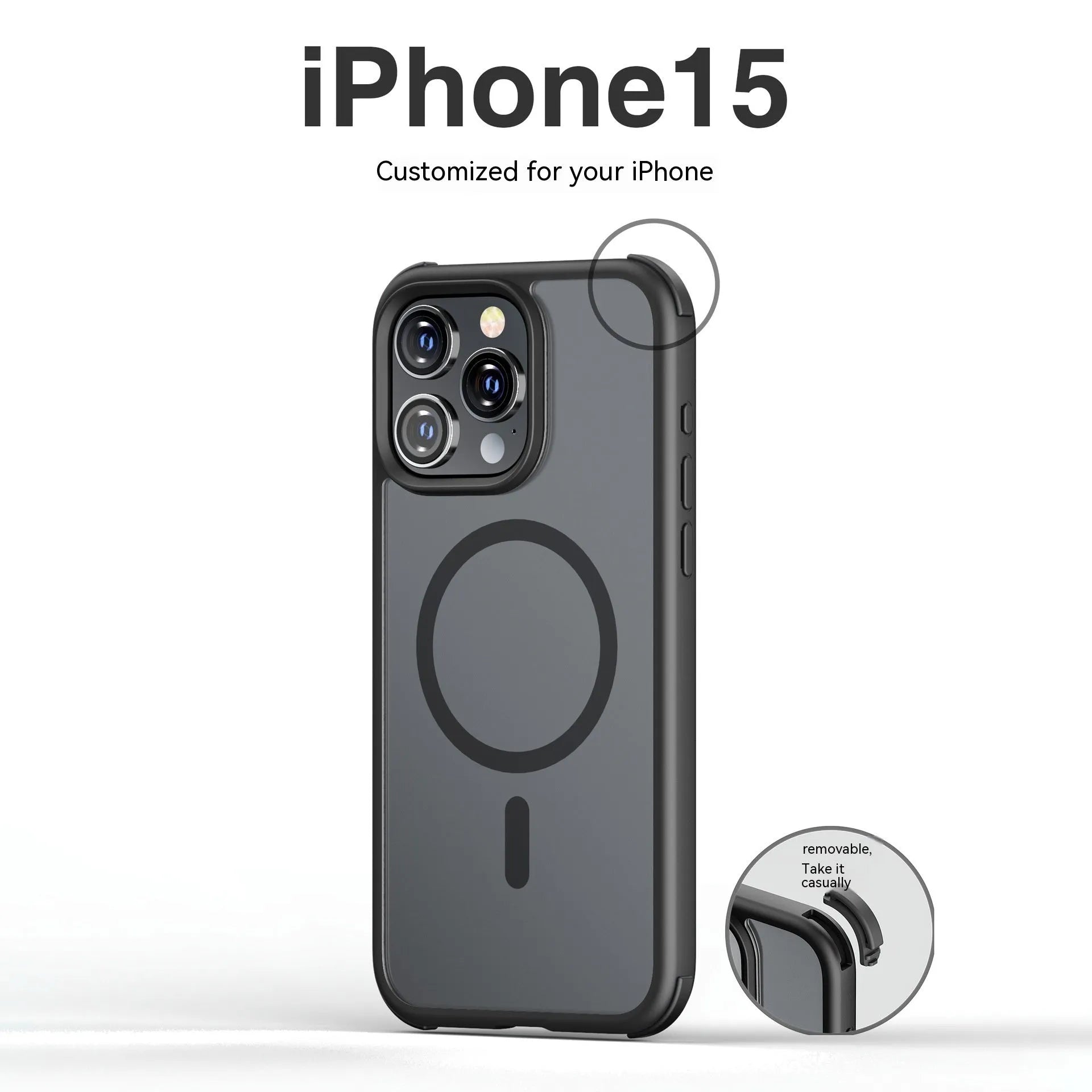 Matte frosted silicone magnetic phone case for Apple iPhone 15 series in black with five-pointed star ring design