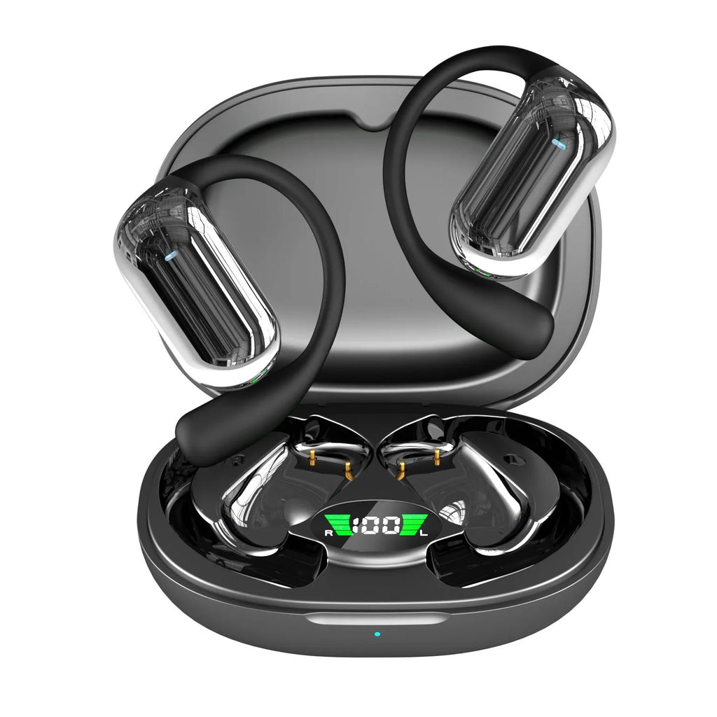 Q16S Black sports ear hook Bluetooth headset with digital display, side view of ear hook design