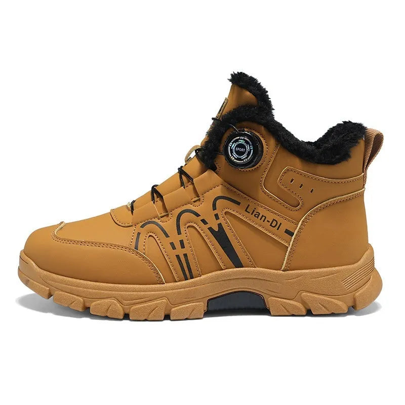 Pair of warm Martin boots with stitched artificial PU upper and PVC sole, shown in black or khaki