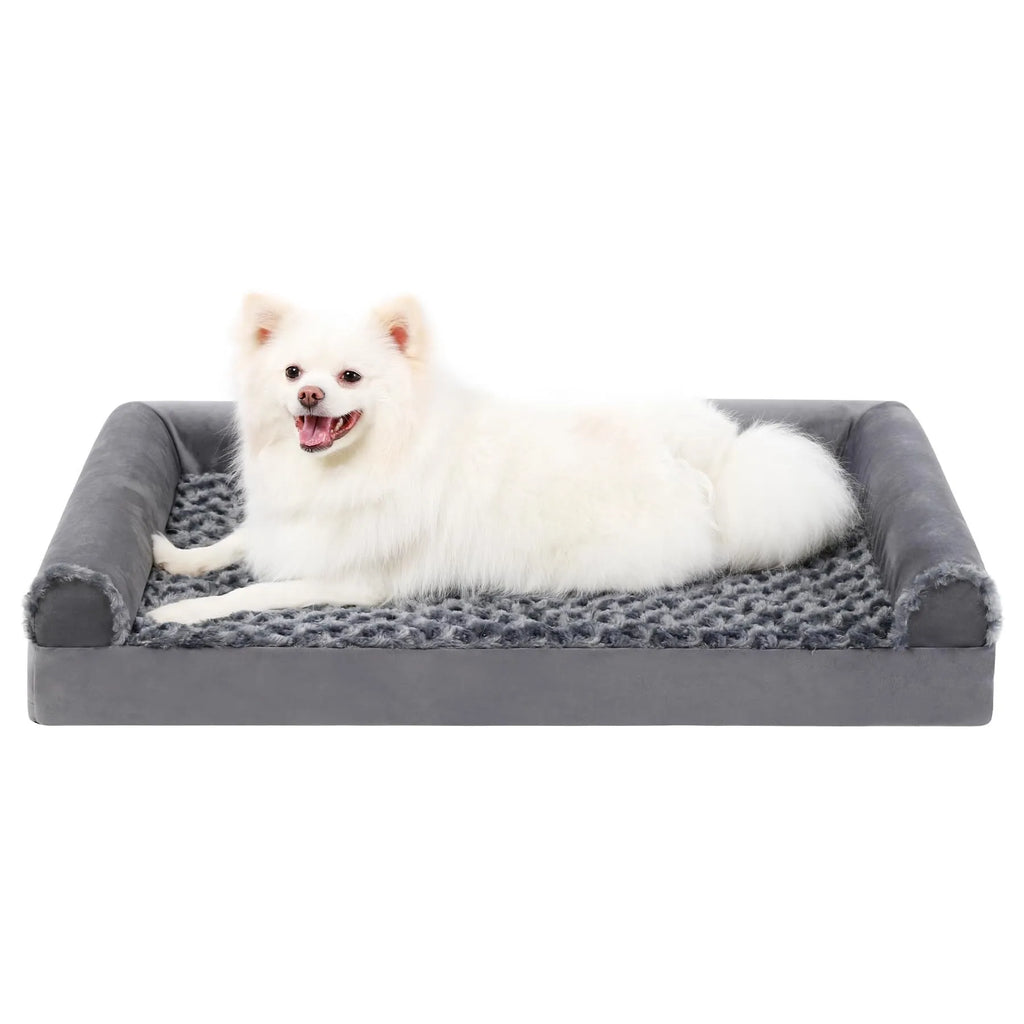 Grey U-shaped removable cover velvet dog sofa kennel bed showing sponge interior