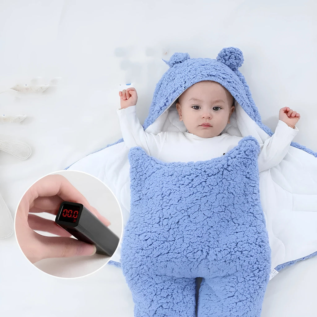 Baby swaddle sleeping bag in baby blue with thickened breast protector, velvet cotton filling, 75x60cm size