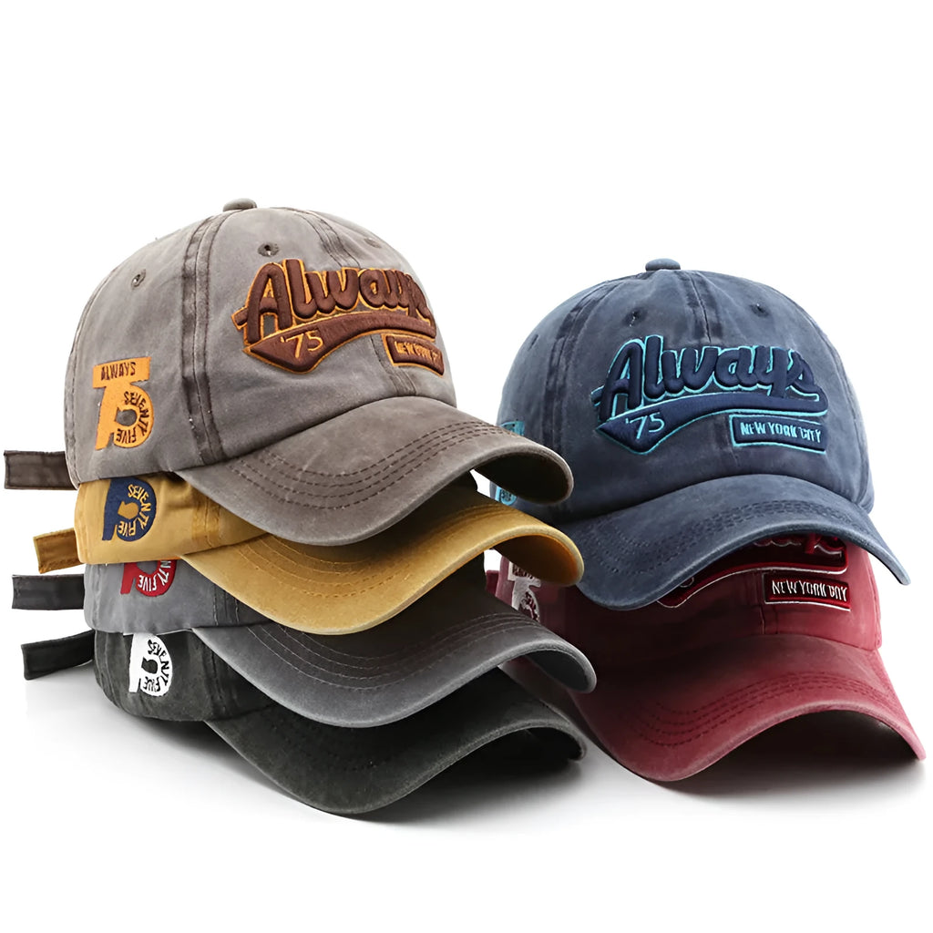 Letter embroidery baseball cap in cotton twill with curved brim and adjustable size, shown in yellow.