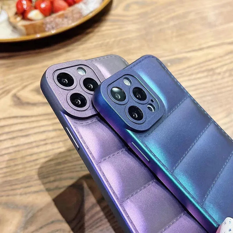 Laser blue silicone down jacket textured phone case with frosted finish for iPhone