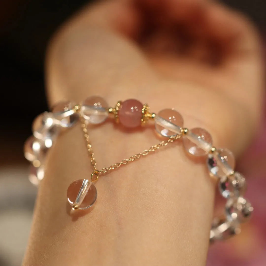 Chinese style geometric crystal bracelet with white crystal and cat eye obsidian stones