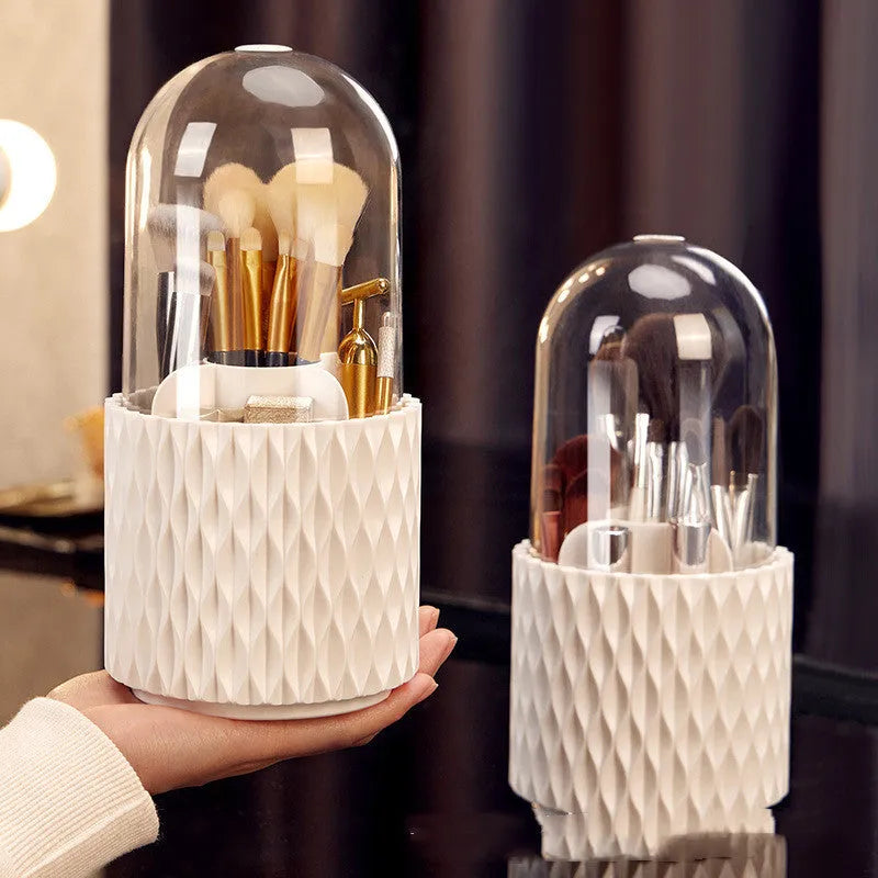 White transparent rotating makeup brush storage box with lid and split compartments