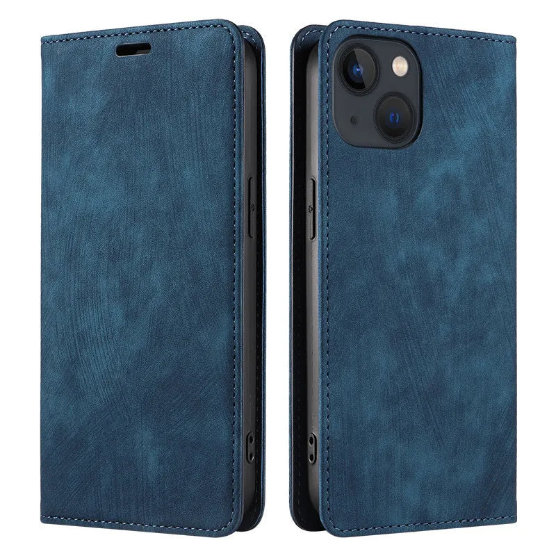 Magnetic flip leather phone case for iPhone shown closed and open, revealing card slots and phone.