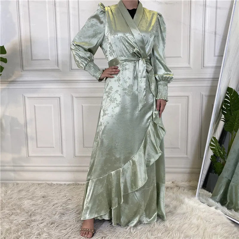 Women's green polyester satin patchwork Muslim dress with long sleeves and full coverage