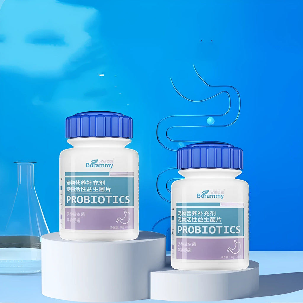 Bottle of 180 pet probiotic tablets for cats and dogs digestive care supplement