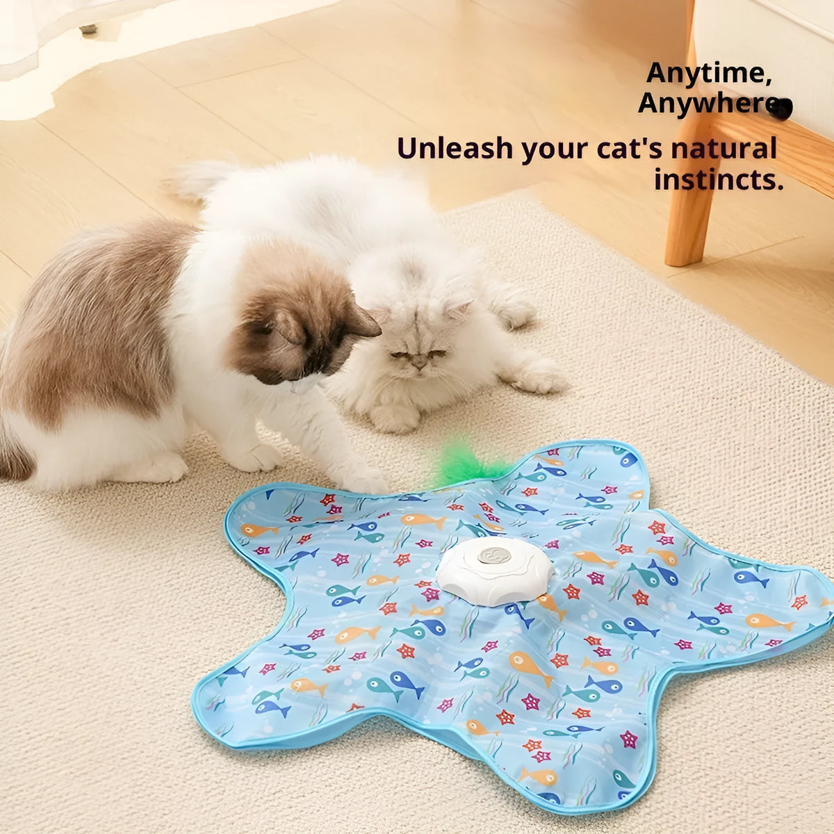 Electronic cat toy with PP cover in blue fish or white seaweed design, one set for indoor hunting play